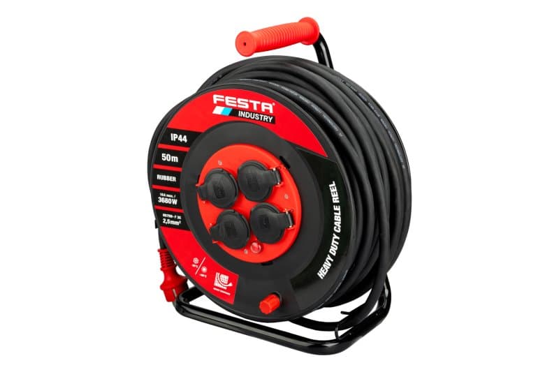 Kabel prodlužovací na bubnu venkovní FESTA INDUSTRY 3x2.5mm 50m 230V max 3680W 4 zásuvky guma-neopren IP44