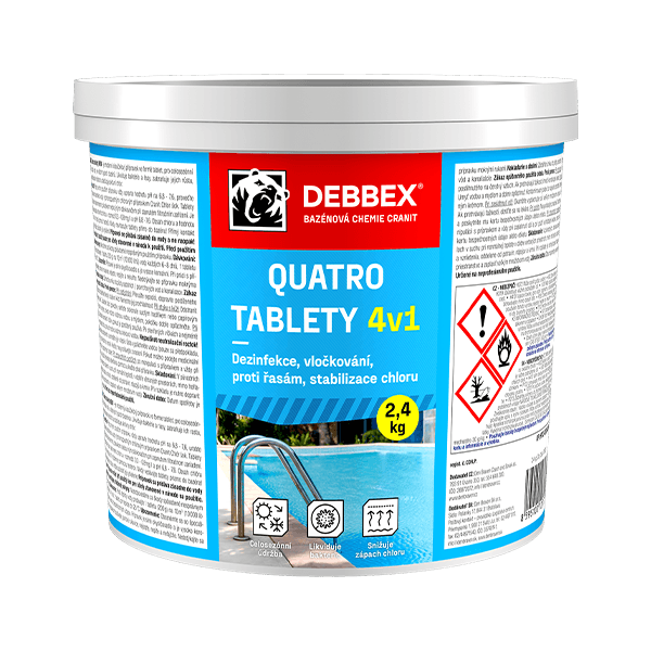 Quatro tablety - dezinfekce, proti řasám, vločkování, stabilizace 2,4 kg kbelík namodralá