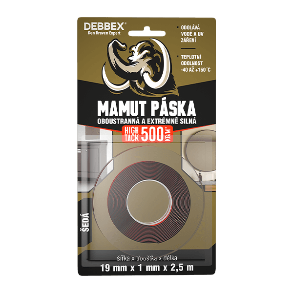 Oboustranná a extrémně silná MAMUT PÁSKA HIGH TACK 19 mm × 1 mm, délka 2,5 m 2,5 m šedá