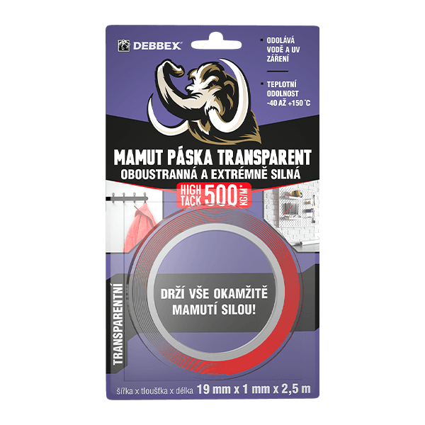 Oboustranná a extrémně silná MAMUT PÁSKA TRANSPARENT 19 mm × 1 mm, délka 2,5 m 2,5 m transparentní